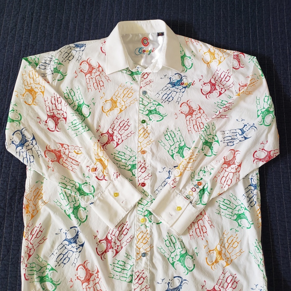 Coogi LS white multi color hand print shirt